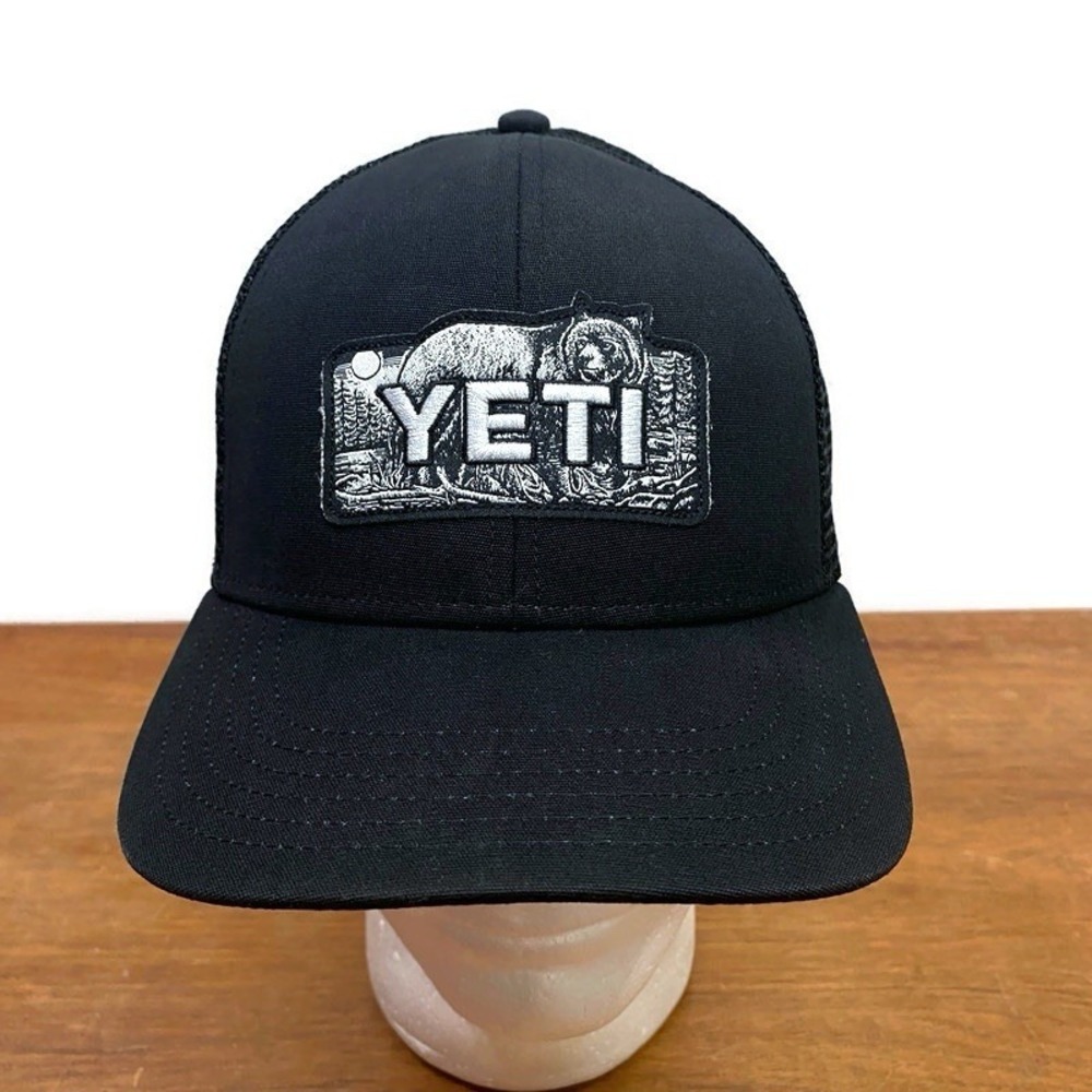 YETI Grizzly Bear Patch Black SnapBack OSFA Baseball Cap Trucker Hat‎ Netplus